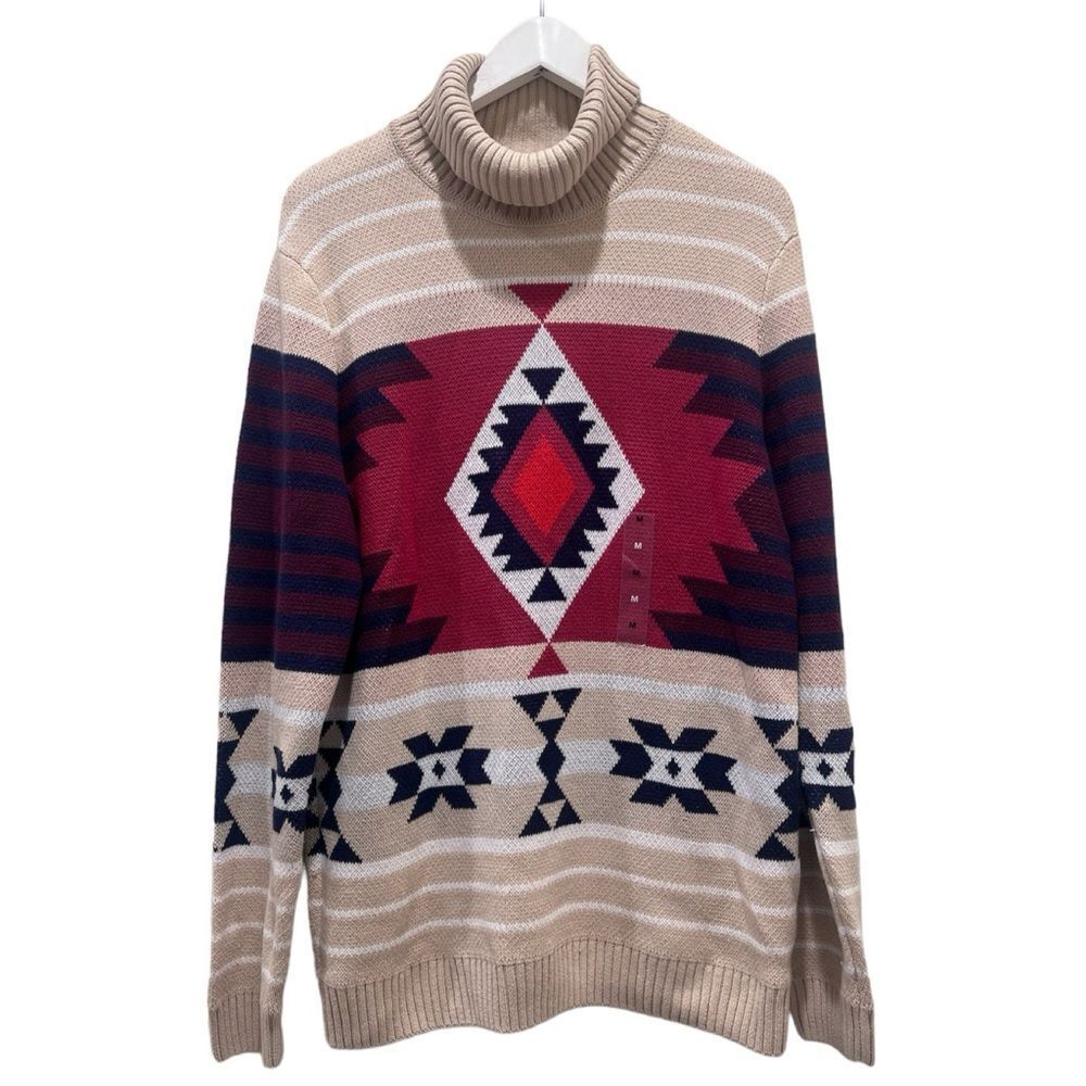 Unisex Aztec Tribal Fair Isle Turtleneck Beige Pullover Sweater - Picture 5 of 9